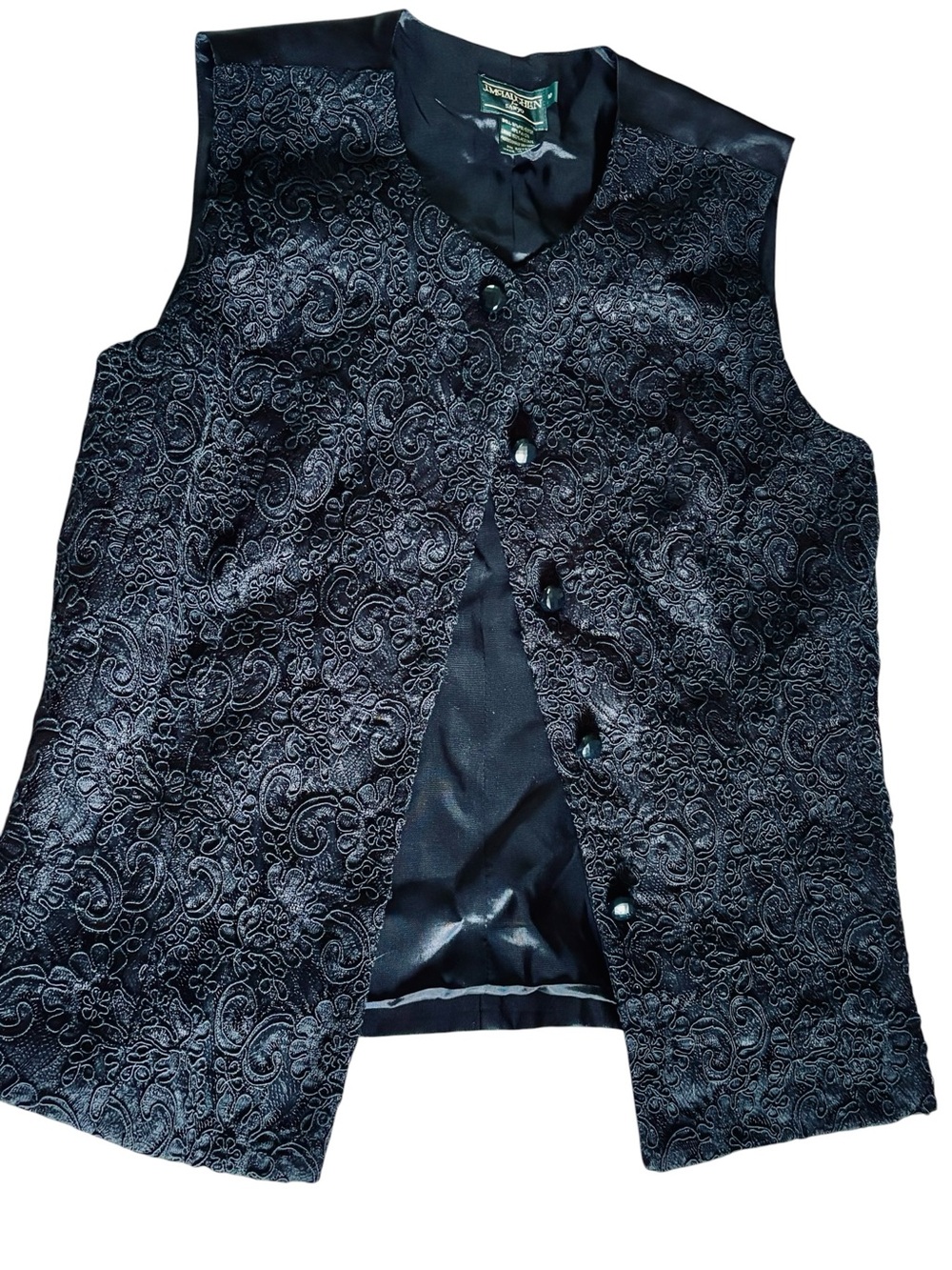 Vintage 90s Black Paisley Jacquard Vest - Tailored Button-Front Waistcoat - Picture 2 of 7